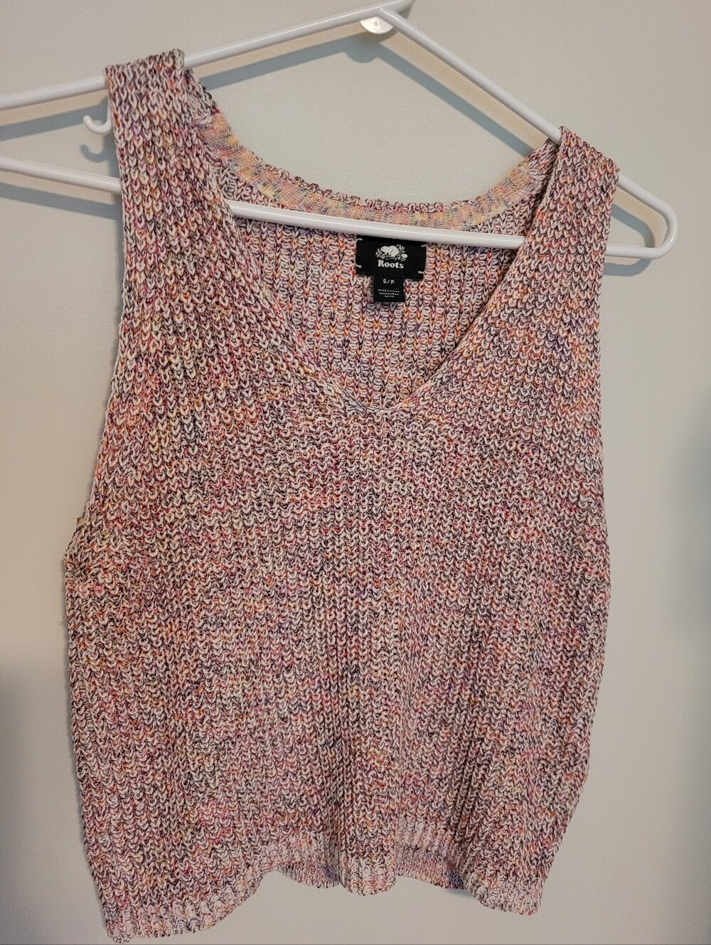 Roots Multicolor Knit V-Neck Sweater Tank — Pink, Cream, Blue, Tan Yellow